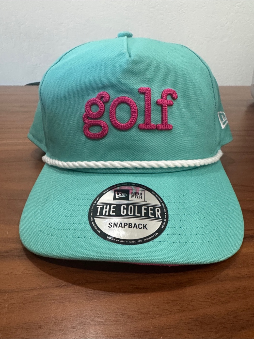 New Era Turquoise Snapback with Pink 'golf' Embroidery